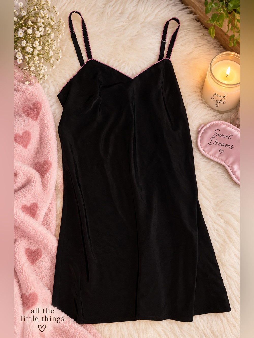 Black Satin Slip Dress with Pink Trim